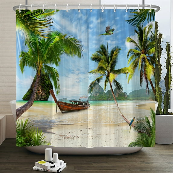 Seaside Sea Beach Sea Wave Coconut Tree Shower Curtain Bathroom Curtains Frabic