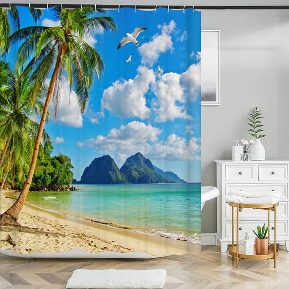 Seaside Sea Beach Sunset Dusk Coconut Tree Shower Curtains Bathroom Curtain Frab