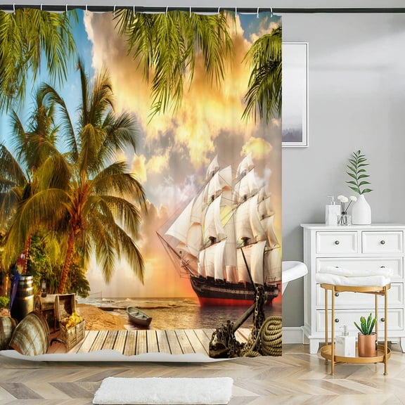 Seaside Sea Beach Sunset Dusk Printed Shower Curtain Fabric Waterproof Polyester