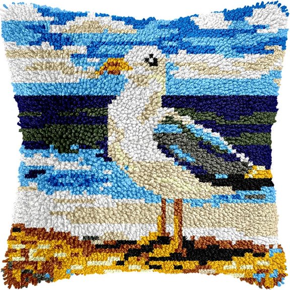 Seaside Sea Bird Latch Hook Kits Pillow DIY Pillowcase Crochet Hook Cushion Making Kits with Preprinted Pattern Canvas Instruction Yarns Pillow Cover Easy Starter DIY Crochet Kits 43x43cmf199)