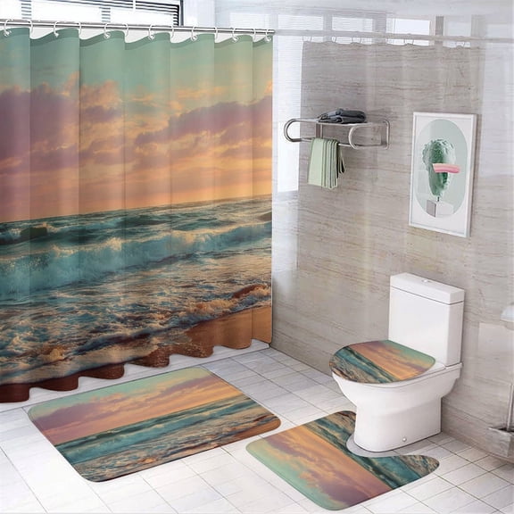 Seaside Seacoast Beachy Waves 4 Pcs Shower Curtain Sets Rug Toilet Lid Cover and Non-Slip U Shape Mat Beach Nautical Style Holiday Summer Durable And Waterproof for Bathtub Decor