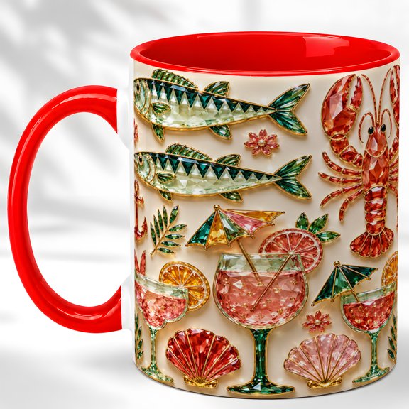 Seaside Seafood Coffee Mug, Lobster Fish Mug, Ceramic 11 oz