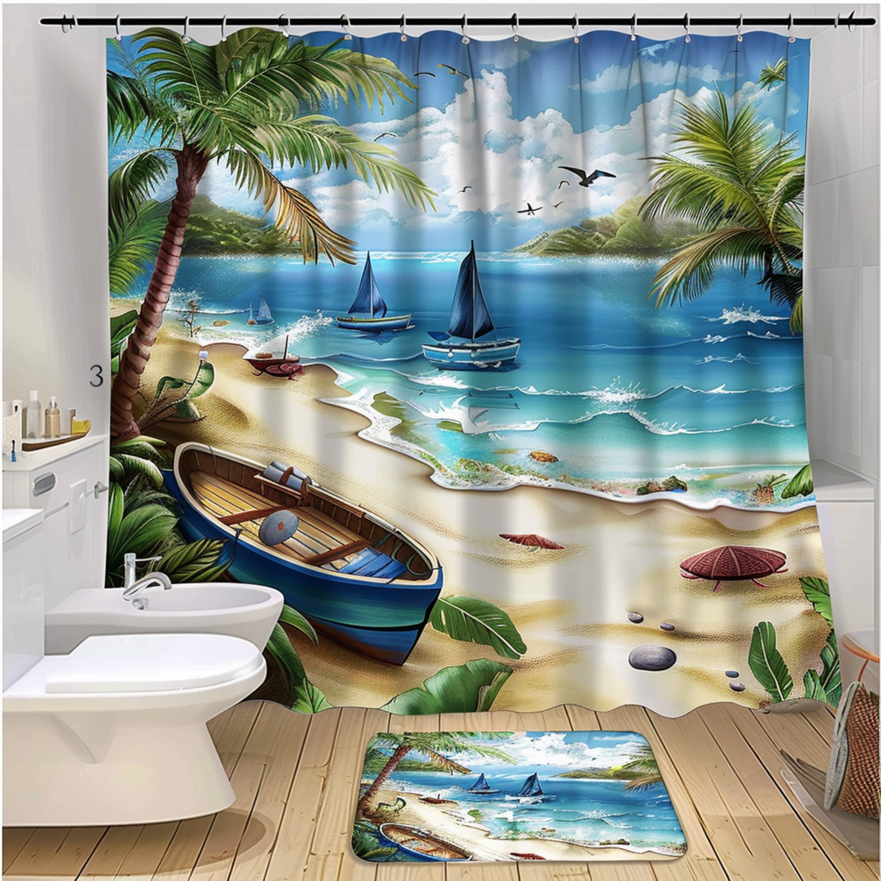 Seaside Serenity Bathroom Set: Tropical Palm Trees Ocean Views Island