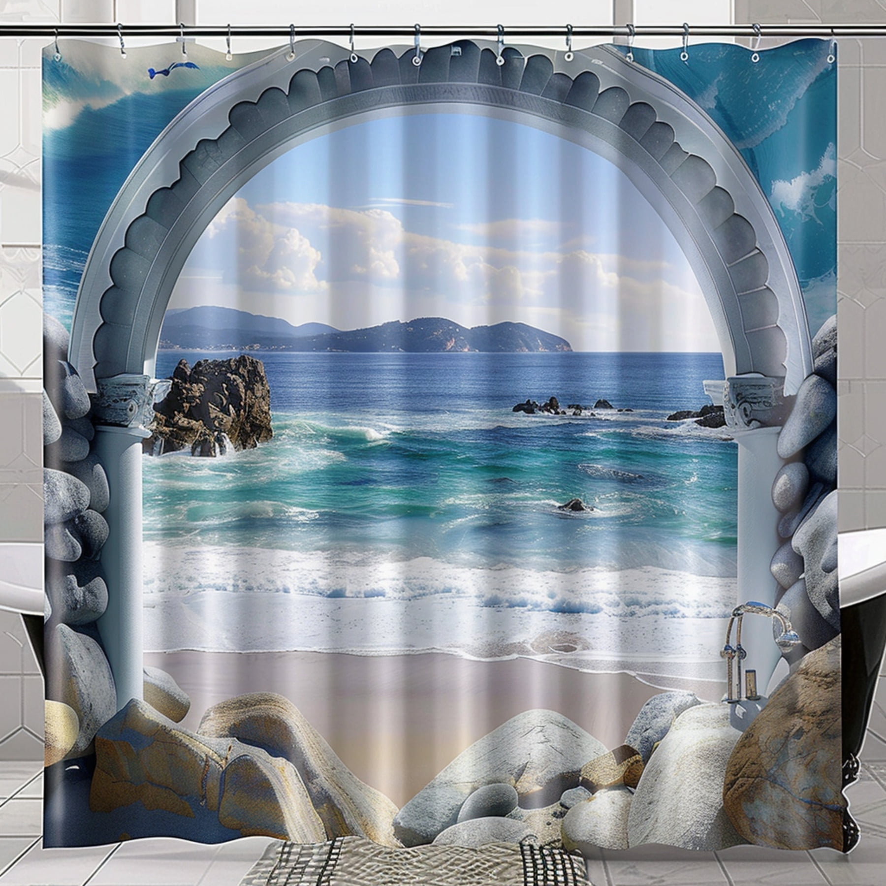 Seaside Serenity Ocean View Shower Curtain with Arch Window Design