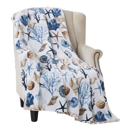 Seaside Serenity Plush Throw: Soft Velvet Fleece in Blues, Greys, Beige with Shells, Coral, and Starfish Accents