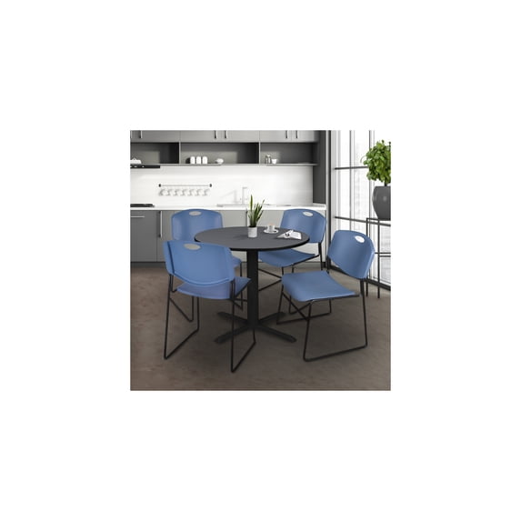 Seaside Serenity Round Breakroom Table in Grey Finish with 4 Stackable Blue Chairs for a Relaxed and Inviting Office or Dining Environment