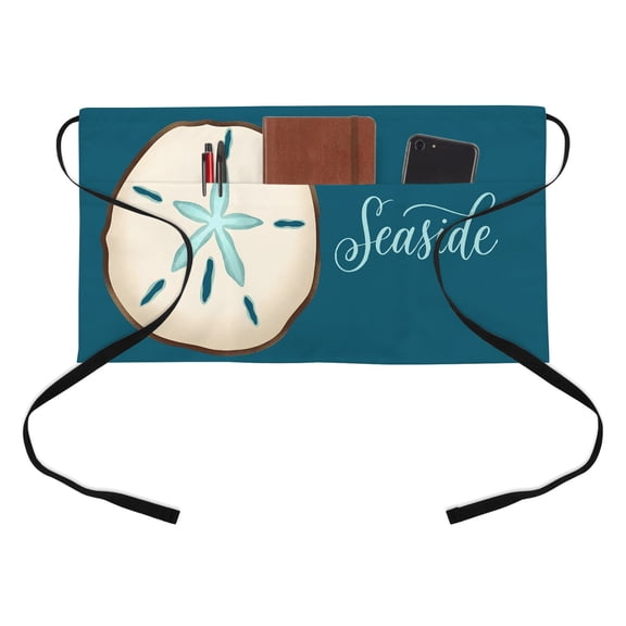 Seaside Shell Kitchen Restaurant Half Waist Apron, Vintage White Shell Teal Green Texture Server Short Apron with 3 Pockets Waterproof Oil Waist Aprons for Women Waitress Waiter