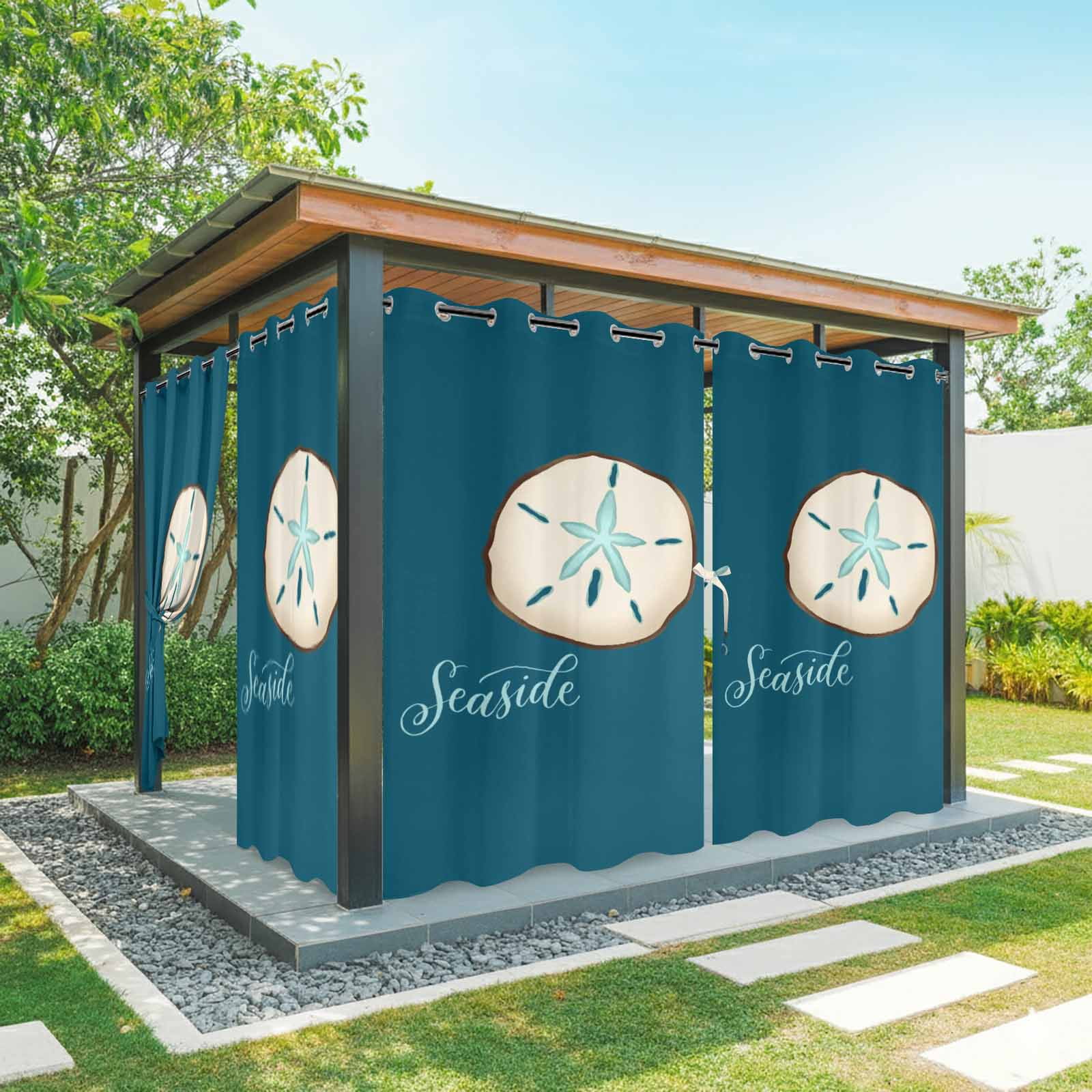Seaside Shell Outdoor Curtains for Patio, Vintage White Shell Teal Green Texture Sunshade Privacy Drapes Grommet Waterproof Outside Curtains for Porch/Cabana/Balcony 54"x 108", 1 Panel