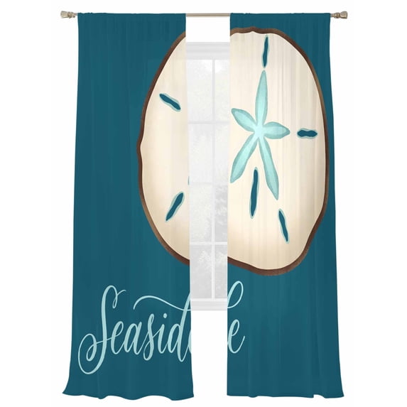 Seaside Shell Sheer Curtains 2 Panels Set Vintage White Shell Teal Green Texture Sheer Window Curtains Light Filtering Rod Pocket Voile Drapes for Bedroom Living Room 52"X84"