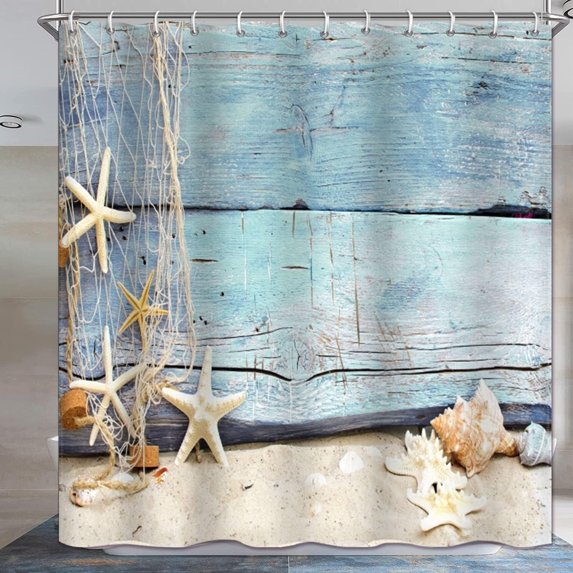 Seaside Shower Curtain for Bathroom 72Wx72H inches Sand Beach Shells Rustic Wood Planks Starfish and Fishing Net Nautical Marine Waterproof Shower Curtain Set with Hooks