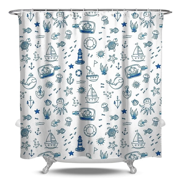 Seaside Shower Curtain Coastal Map & Beacon Print - Hotel Style Waterproof Bath Curtain, Quick-Dry, Rust-Resistant Grommets, Durable Polyester Fabric 84x72 Inches