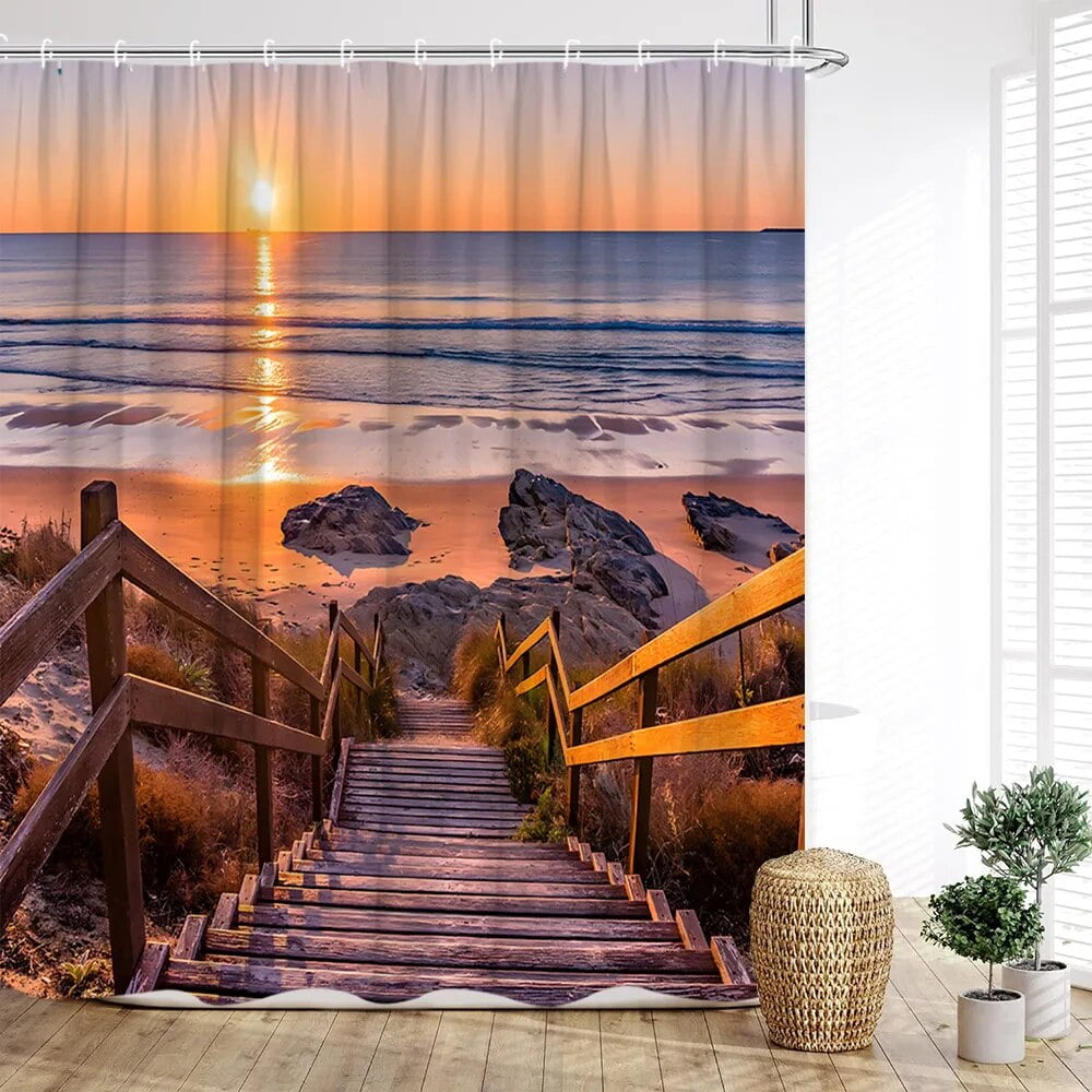 Seaside Shower Curtain Ocean Scenery Beach Waves Sunset Palm Trees