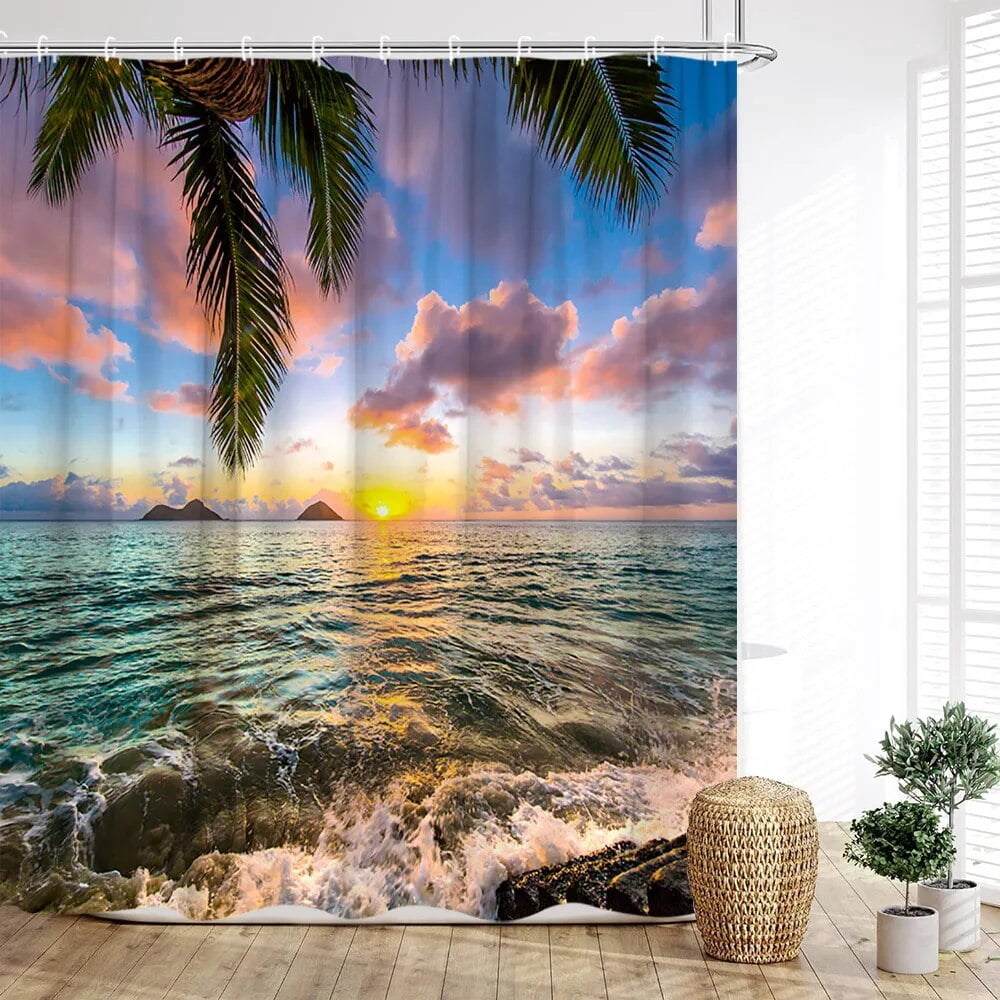 Seaside Shower Curtain Ocean Scenery Beach Waves Sunset Palm Trees