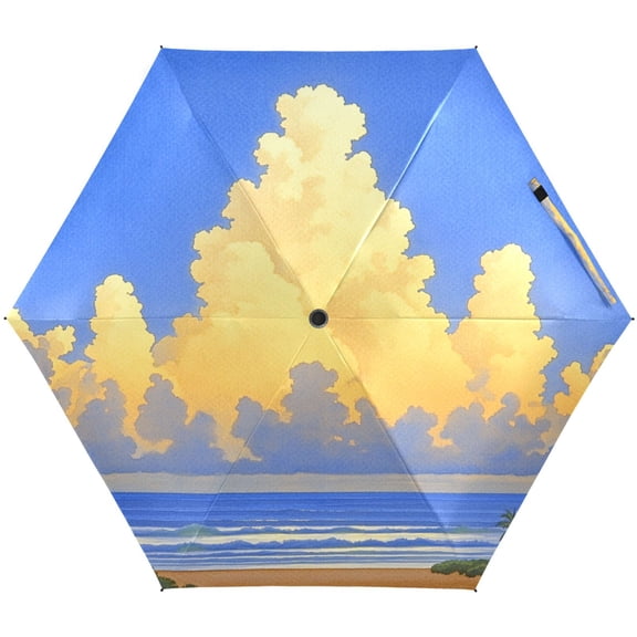 Seaside Sky Umbrellas for Sun Auto Open Close UV50+ Waterproof 5-Fold Compact Fiberglass Frame