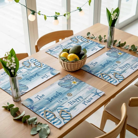 Seaside Slipper Starfish Wood Board Placemats Set of 4,Wipeable Washable Table Mats for Dining Tables, Summer Beach Blue Theme Place Mats for Kitchen Event Party Tabletop Decor