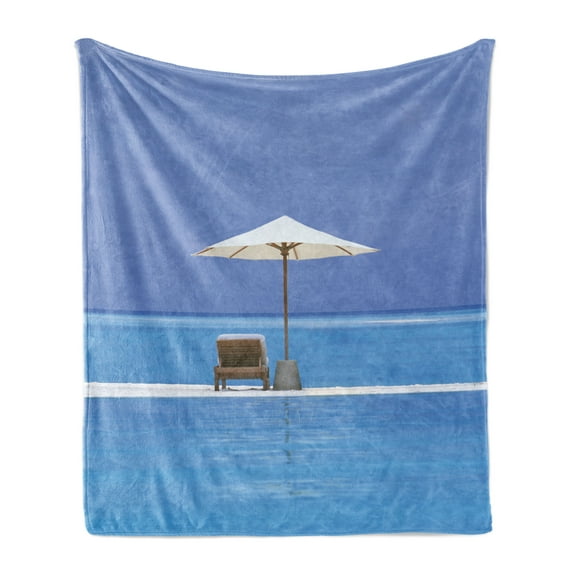 Seaside Soft Flannel Fleece Blanket, Beach Chairs and Umbrella on a Island in the Middle of Ocean Seascape Picture, Cozy Plush for Indoor and Outdoor Use, 50" x 70", Blue and Beige, by Ambesonne