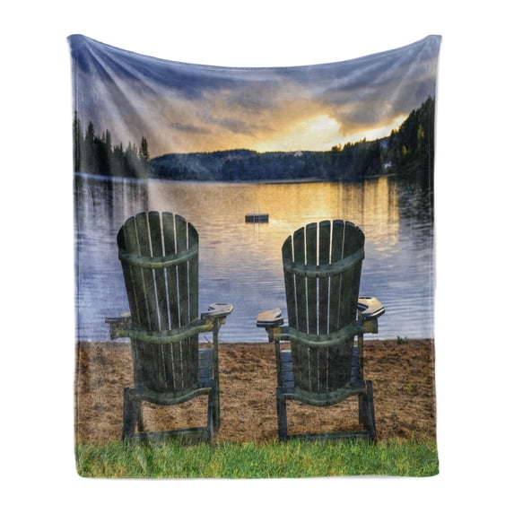 Seaside Soft Flannel Fleece Throw Blanket, 2 Wooden Chairs on Relaxing Lakeside at Sunset Algonquin Provincial Park Canada, Cozy Plush for Indoor and Outdoor Use, 60" x 80", Navy Green, by Ambesonne