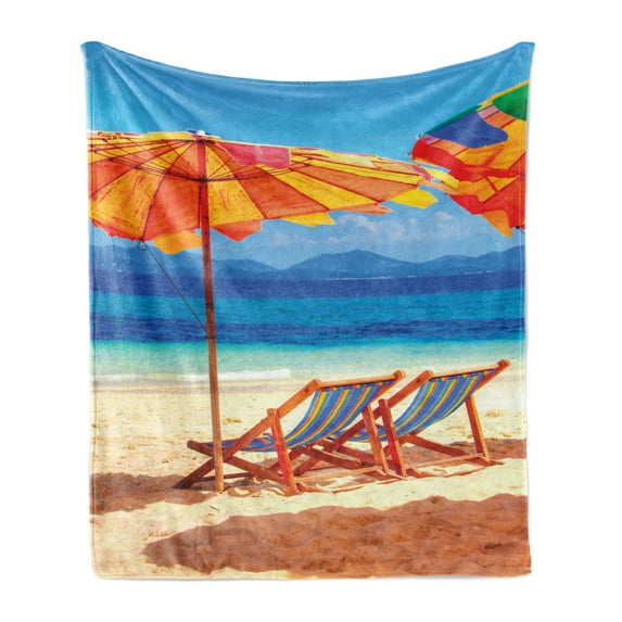 Seaside Soft Flannel Fleece Throw Blanket, Deck Chairs Overlooking Tropical Sea of Thailand Beach Exotic Holiday Picture, Cozy Plush for Indoor and Outdoor Use, 50" x 60", Orange Blue, by Ambesonne