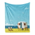 thumbnail image 1 of Seaside Soft Flannel Fleece Throw Blanket, Illustration of Summertime Caravan Coastline Clouds Seagulls Scenery Print, Cozy Plush for Indoor and Outdoor Use, 70" x 90", Aqua Navy Yellow, by Ambesonne, 1 of 5