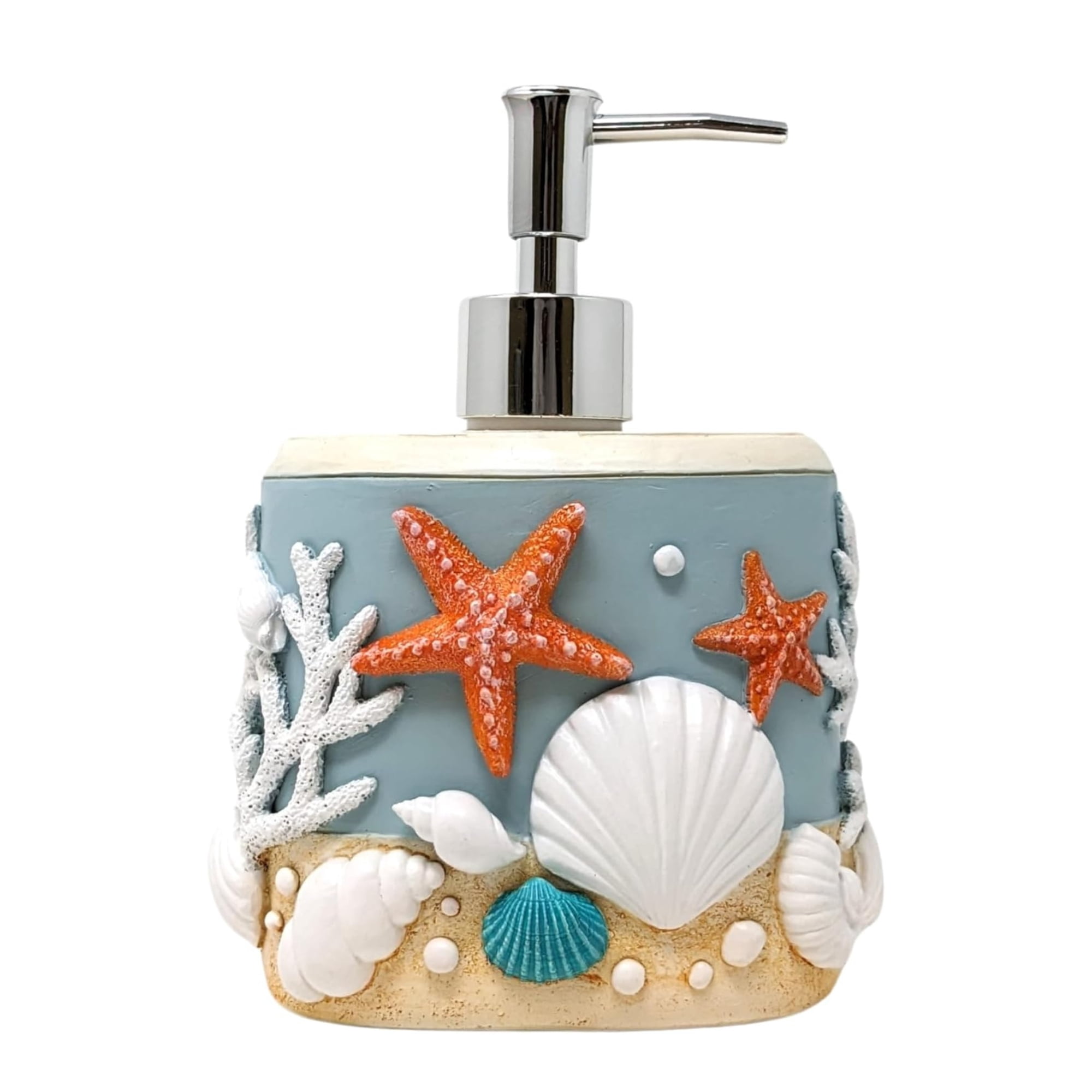 Seaside Splendor Pump Bottle Dispenser – 3D Resin Pump Bottle with Seashells & Starfish Nautical Design for Hand soap, or Lotion, Ocean-Inspired Bathroom Accessories, & Guest Bath Coastal Décor
