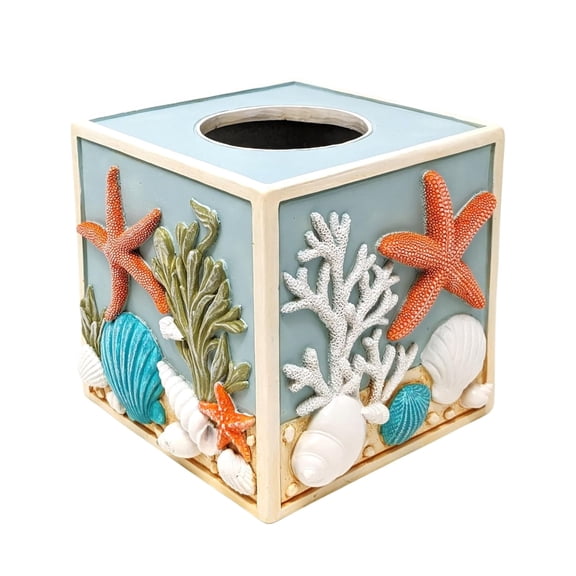 Seaside Splendor Tissue Box Cover – 3D Resin with Seashells & Starfish – Coastal Beach Décor for Bathroom, Bedroom, or Living Room – Decorative Square Tissue Holder