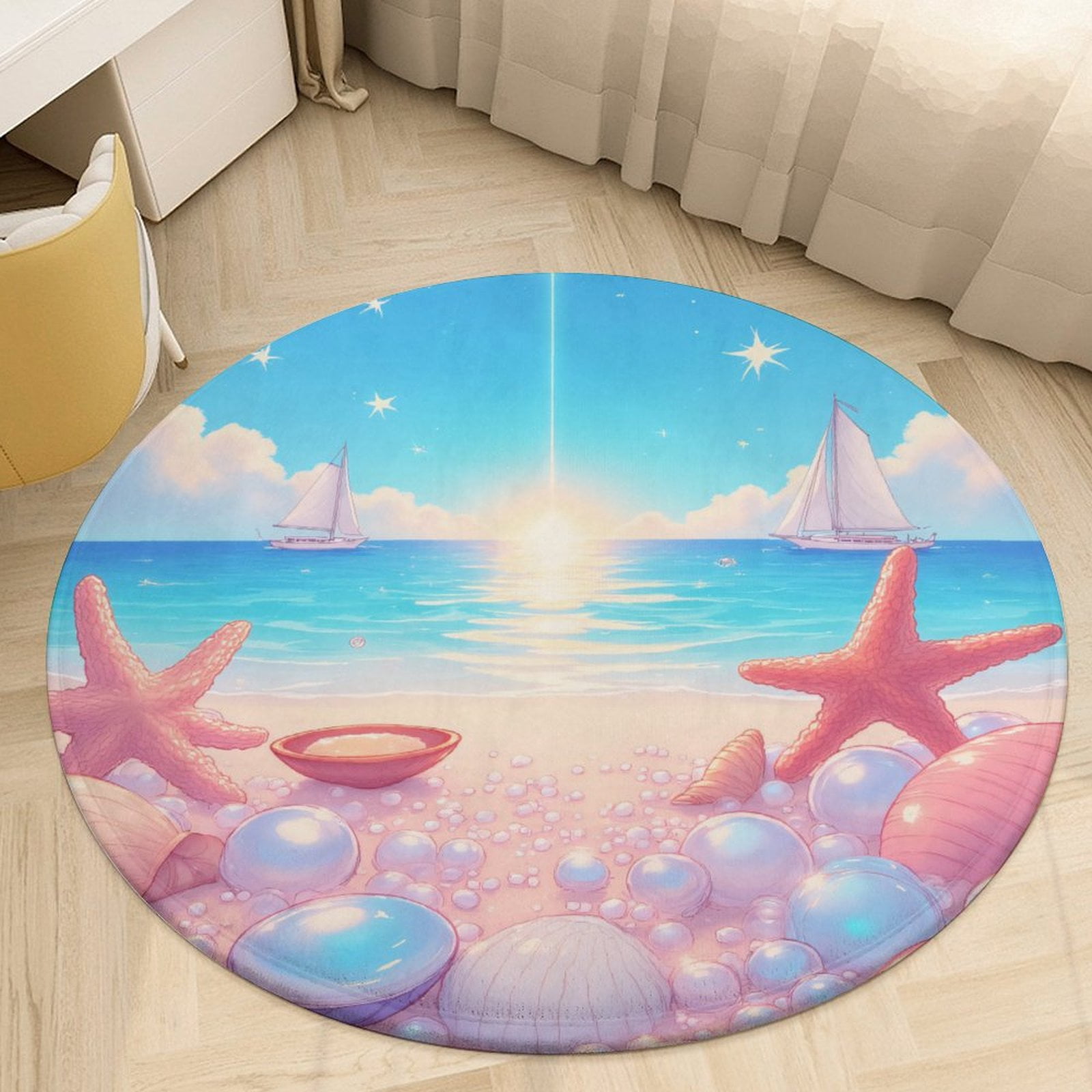 Seaside Starfish And Shells Round Area Rugs for Bedroom Living Room ...