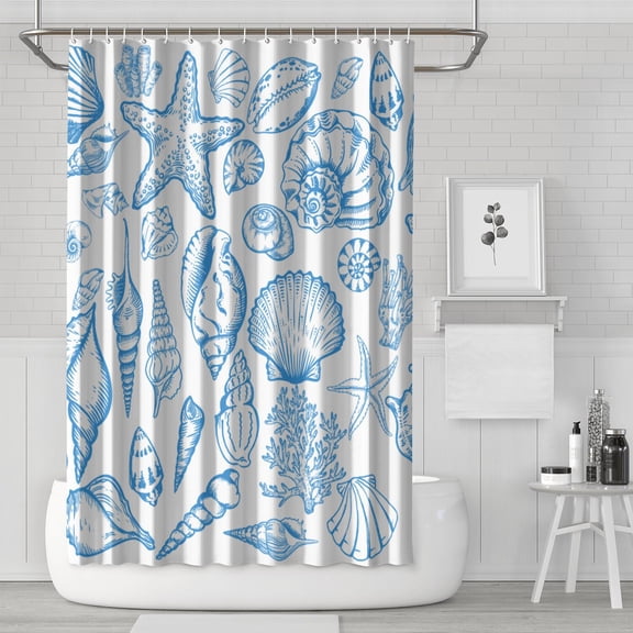 Seaside Starfish and Seashells Shower Curtain with Tropical Seahorse and Ocean Fish Pattern, Nautical Marine Coral and Sand Print, Vintage Style Waterproof Fabric with Hooks