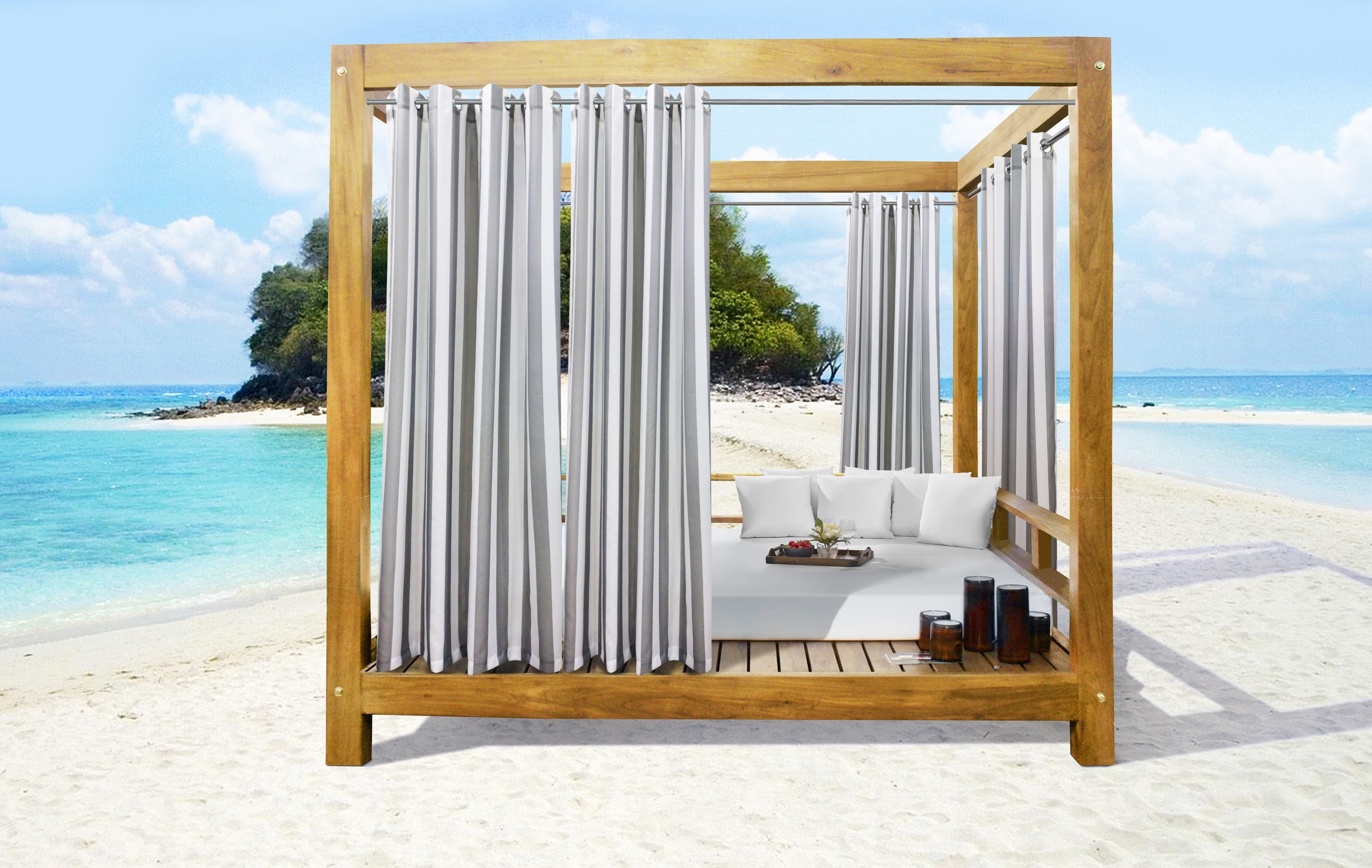 Seaside Stripe Indoor/Outdoor Grommet Curtain Panel - Pair each 50" x 108" in Alloy Grey
