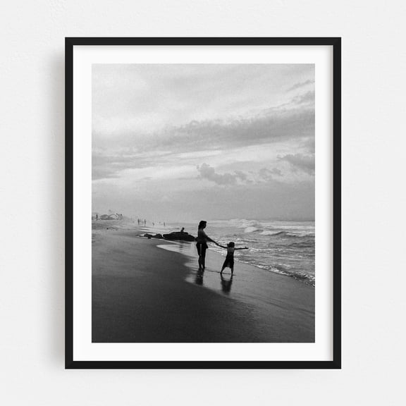 Seaside Stroll - Ocean City Maryland Photography Beach Black and White Silhouette Seascape Coastal Waves Minimalist Black Framed Wall Art Print 9 x 12 inches