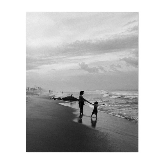 Seaside Stroll - Ocean City Maryland Photography Beach Black and White Silhouette Seascape Coastal Waves Minimalist Unframed Wall Art Print 6 x 8 inches