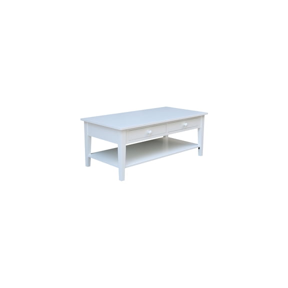 Seaside Style Coffee Table in White Solid Parawood, 48x24x19 Inches, with Two Drawers and Open Shelf for Coastal-Inspired Living Room Charm
