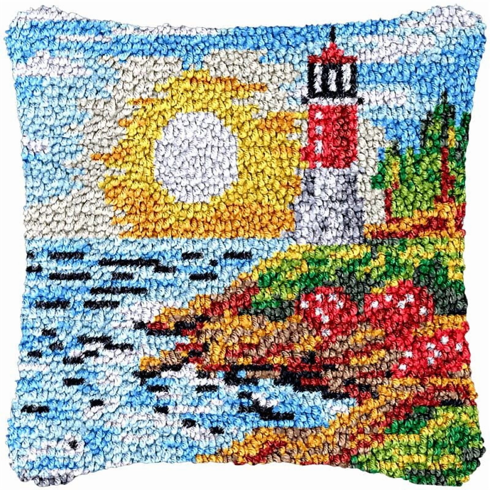 Seaside Sunrise Latch Hook Kits Pillowcase DIY Rug Making Crochet Hook Cushion Making Kits with Preprinted Pattern Canvas Christmas DIY Needlework Crochet Kits Decor 43x43cm