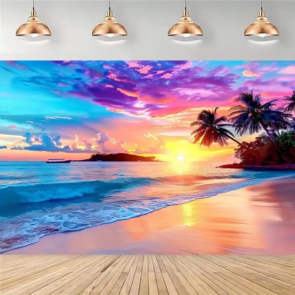 Seaside Sunset Backdrop Beach Scene Palm Trees Birthday Photography Background Purple Seaside Sunset Wedding Anniversary Christmas New Year Valentine's Day Party Decorations Banner Photo Booth Props