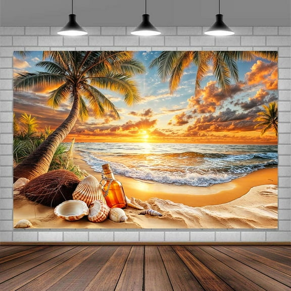 Seaside Sunset Backdrop, Summer Beach Tropical Palm Trees Hawaiian Ocean Photography Background, Luau Party Seaside Vacation Wedding Birthday Party Decorations Banner Photo Booth Props 8x6ft