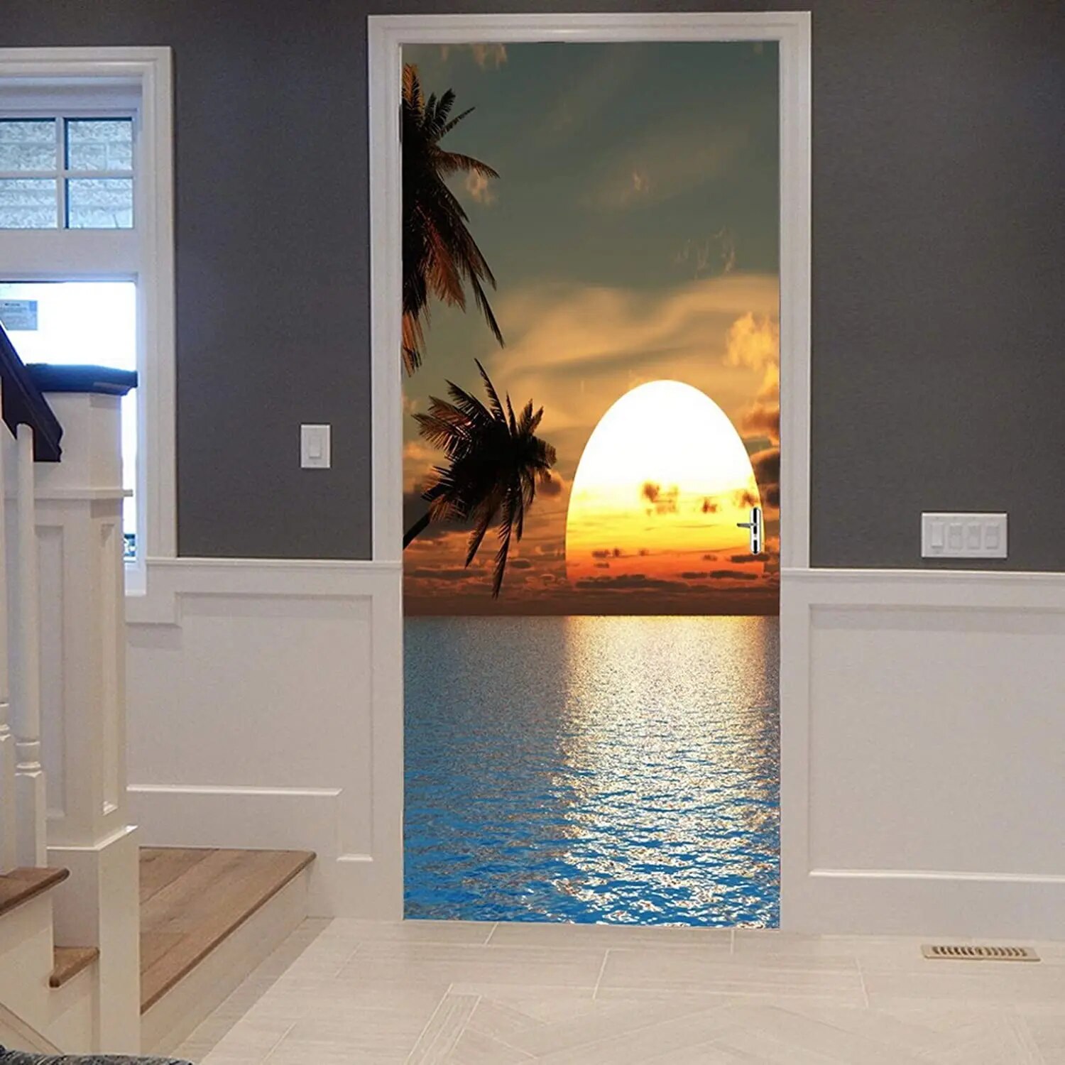 Seaside Sunset Door Sticker Ocean Scenery Decal Removable Natural Sea