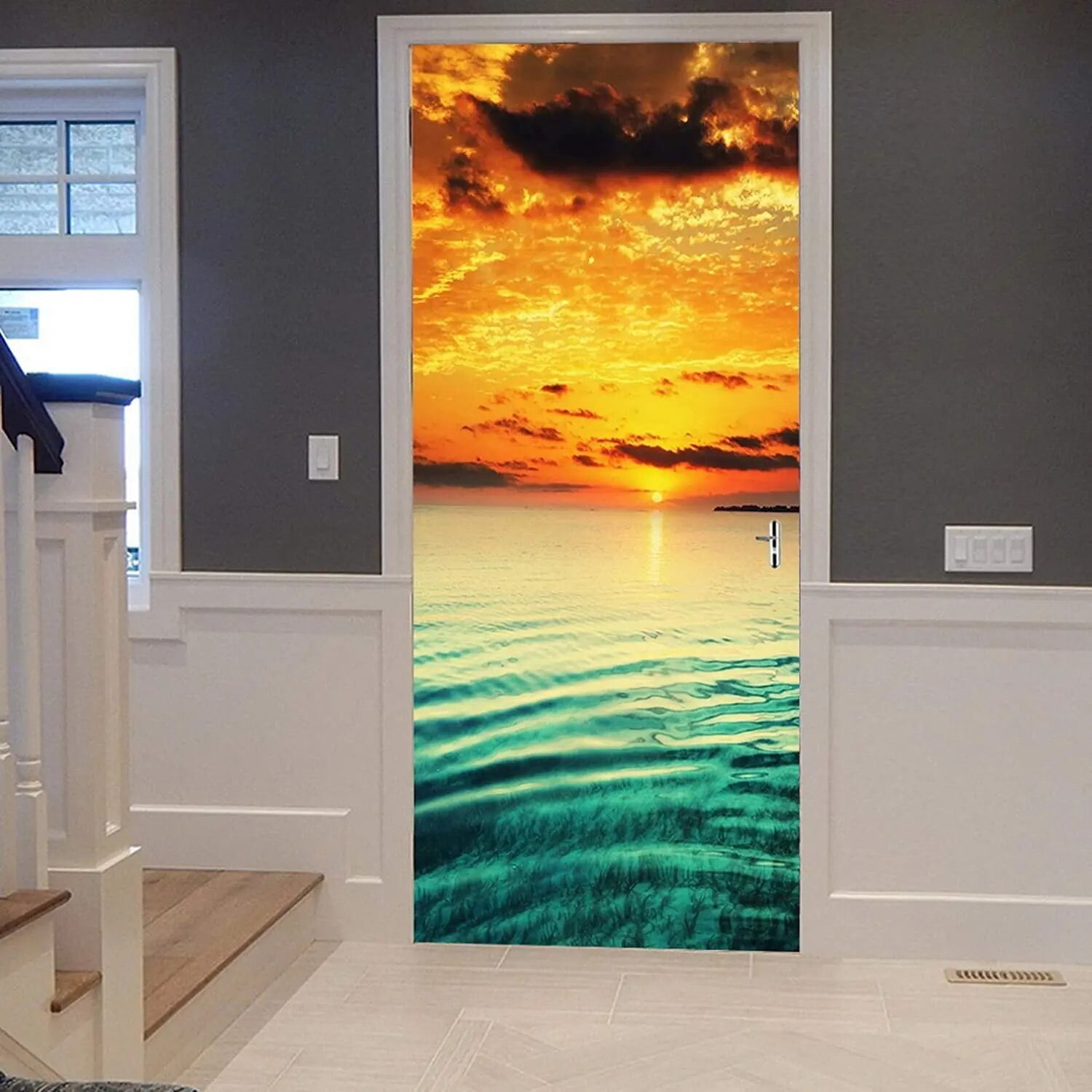 Seaside Sunset Door Sticker Ocean Scenery Decal Removable Natural Sea