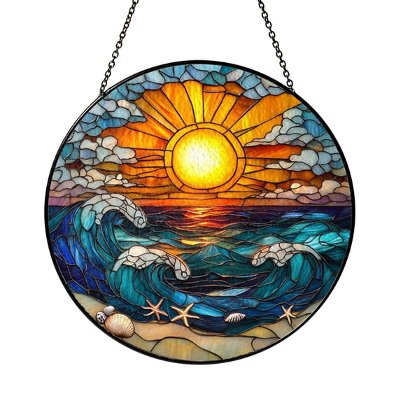 Seaside Sunset Faux Stained Glass Window Decor, Calming Ocean View Sun Catcher for Living Space