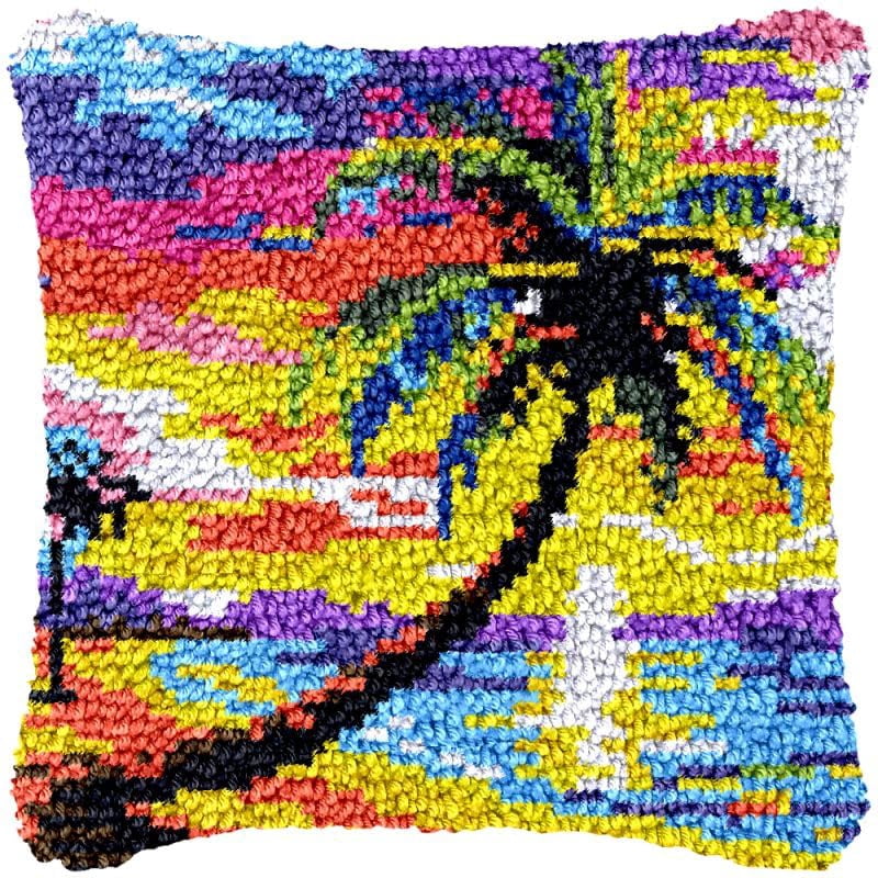 Seaside Sunset Latch Hook Pillow Cover Kits for DIY Handmade Throw Pillow Cross Stitch Latch Hook Pillowcase Rug Kits with Preprinted Color Pattern Canvas Crochet Yarn Kits 17''X 17''(ys211)