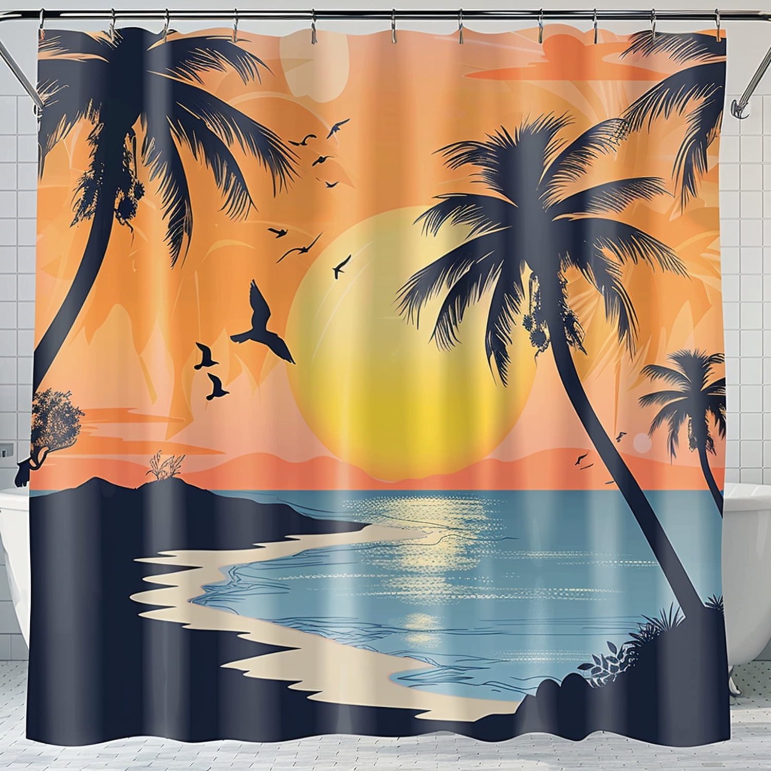 Seaside Sunset Palm Tree Bathroom Decor Set Pastel Colors Shower