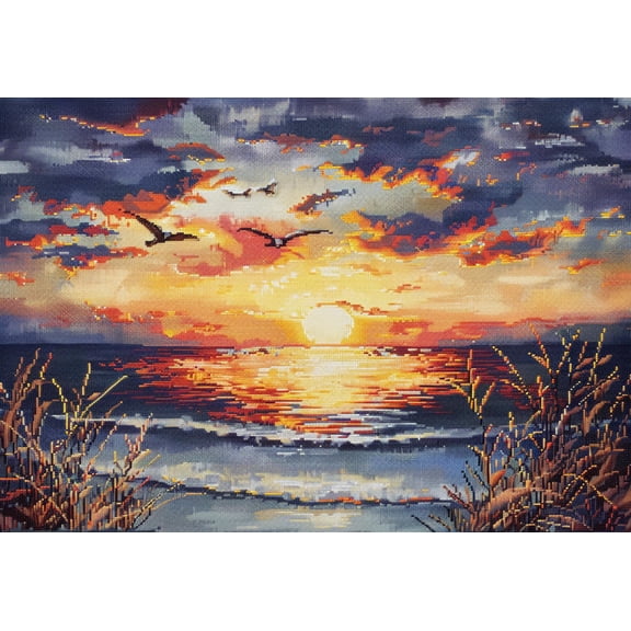 Seaside Sunset Seagulls Flying Scenery DIY 11CT Stamped Cross Stitch Kits for Beginners Easy Needlepoint Embroidery Counted Cross Stitch Art Craft for Wall Decoration 12x16inch(3)