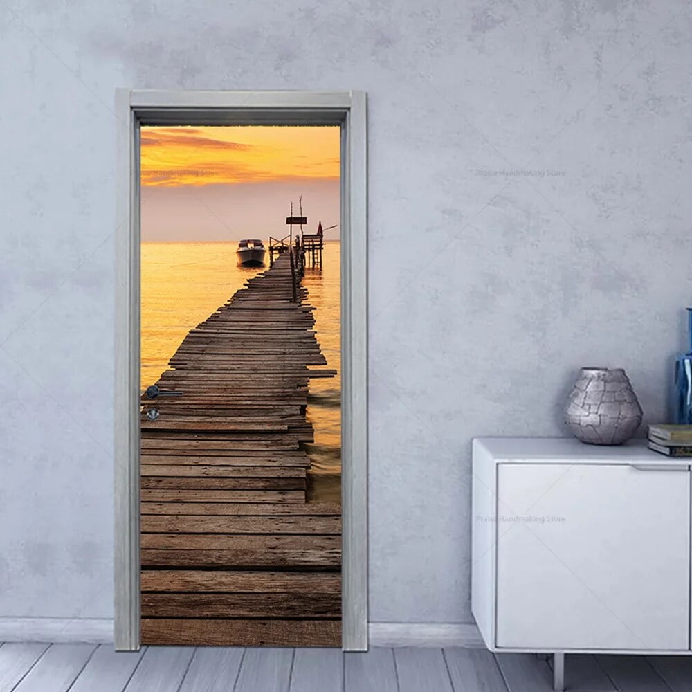 Seaside Sunset Sunrise Wallpaper Door Sticker PVC Waterproof ...