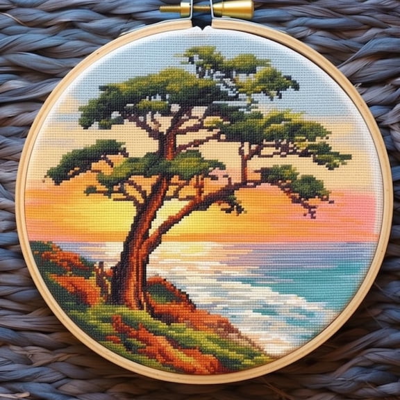 Seaside Sunset Tree Scenery Stamped Cross Stitch Kits for Beginners Easy with Hoop 11CT Needlepoint Embroidery DIY Counted Cross Stitch Kits Art Craft Wall Decoration 35x35cm(1)