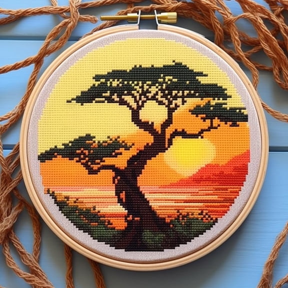 Seaside Sunset Tree Scenery Stamped Cross Stitch Kits for Beginners Easy with Hoop 11CT Needlepoint Embroidery DIY Counted Cross Stitch Kits Art Craft Wall Decoration 35x35cm(3)