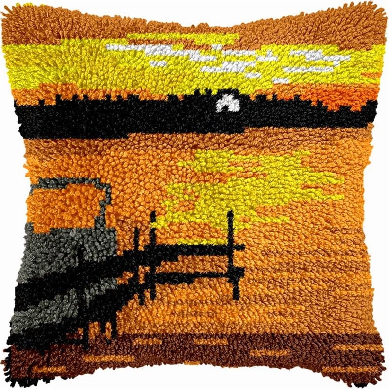 Seaside Sunset View Latch Hook Pillow Kits for DIY Handmade Throw Pillow Cushion Cross Stitch Latch Hooking Pillowcase Kits with Preprinted Canvas Crochet Yarn 17''X 17''(Y61)