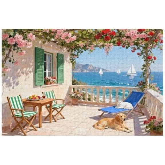 Seaside Terrace with Dog and Cat Jigsaw Puzzle 1000 Pieces, Relaxing Coastal Living Scene Puzzle for Adults Teens Seniors, Family Time Gift