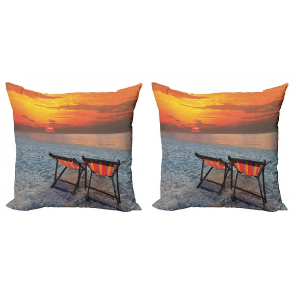 Ambesonne Nature Throw Pillow Cover 2 Pack, Beach with Colorful Sky, 24", Orange Red Grey