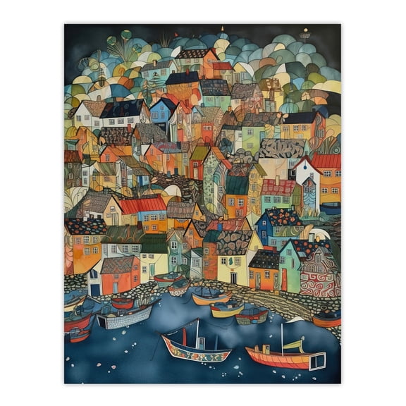 Seaside Town Port Folk Art Watercolour Painting Colourful Coastal Townscape Unframed Wall Art Print Poster Home Decor Premium