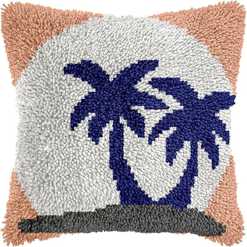 Seaside Tree Latch Hook Pillow Kits Pillow Cover with Pattern Printed Canvas Crochet Cross Hooking Pillowcase Cushion Crafts Embroidery Latch Hooking Crochet Kits 17x17 inch(131)