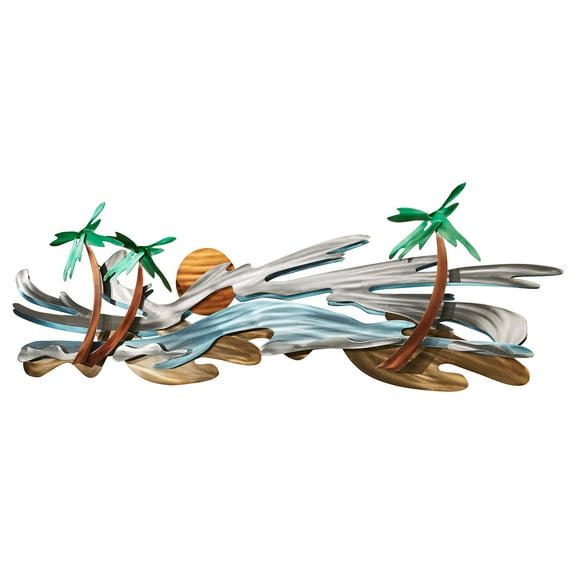 Seaside Tropics Beach at Sunset with Palm Trees and Beach Waves Metal Wall Sculpture, Multi Metallic, Stainless Steel, Measures 17 by 52 Inches