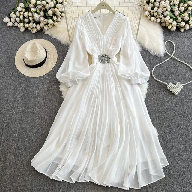 Seaside Vacation Lantern Long Sleeve V-neck Tight Waist Slimming A- line  Chiffon Pleated Dresses Elegant Large Swing Dress - Walmart Business  Supplies
